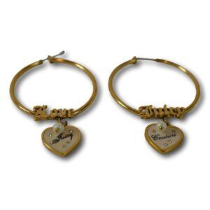 Juicy Couture Gold Hoop Earrings Heart Charms Pearl Crystal Love Juicy Dangle